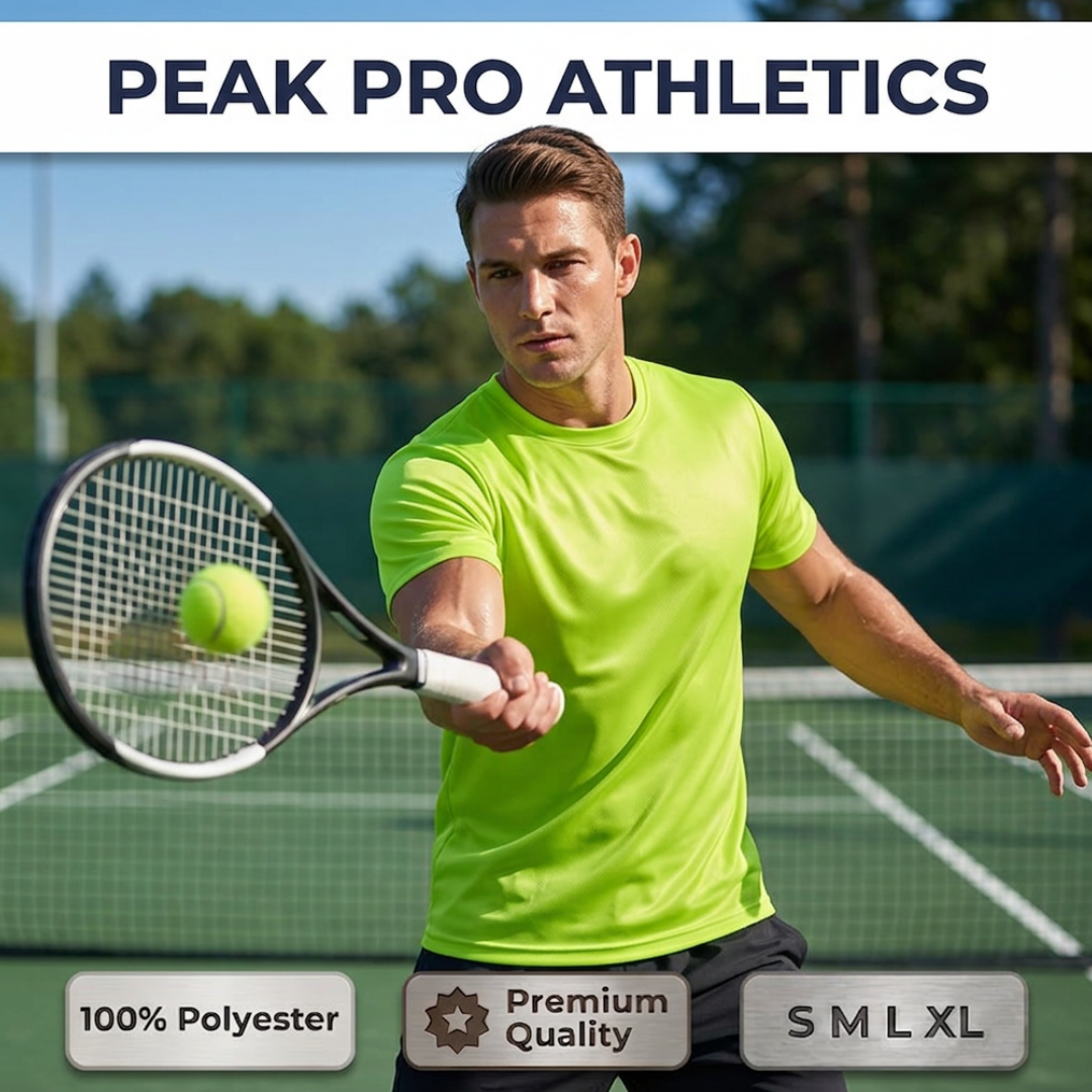 Peak Pro Athletics Men’s Performance Polyester T-Shirt
* Lightweight 100% Polyester Athletic Tee
* Quick Dry Performance Gym T-Shirt for Men
* Breathable Moisture-Wicking Polyester Shirt