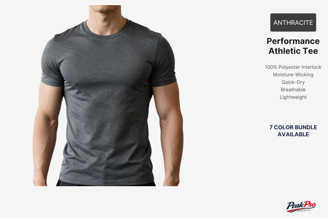 Peak Pro Athletics Men’s Performance Polyester T-Shirt
* Lightweight 100% Polyester Athletic Tee
* Quick Dry Performance Gym T-Shirt for Men
* Breathable Moisture-Wicking Polyester Shirt