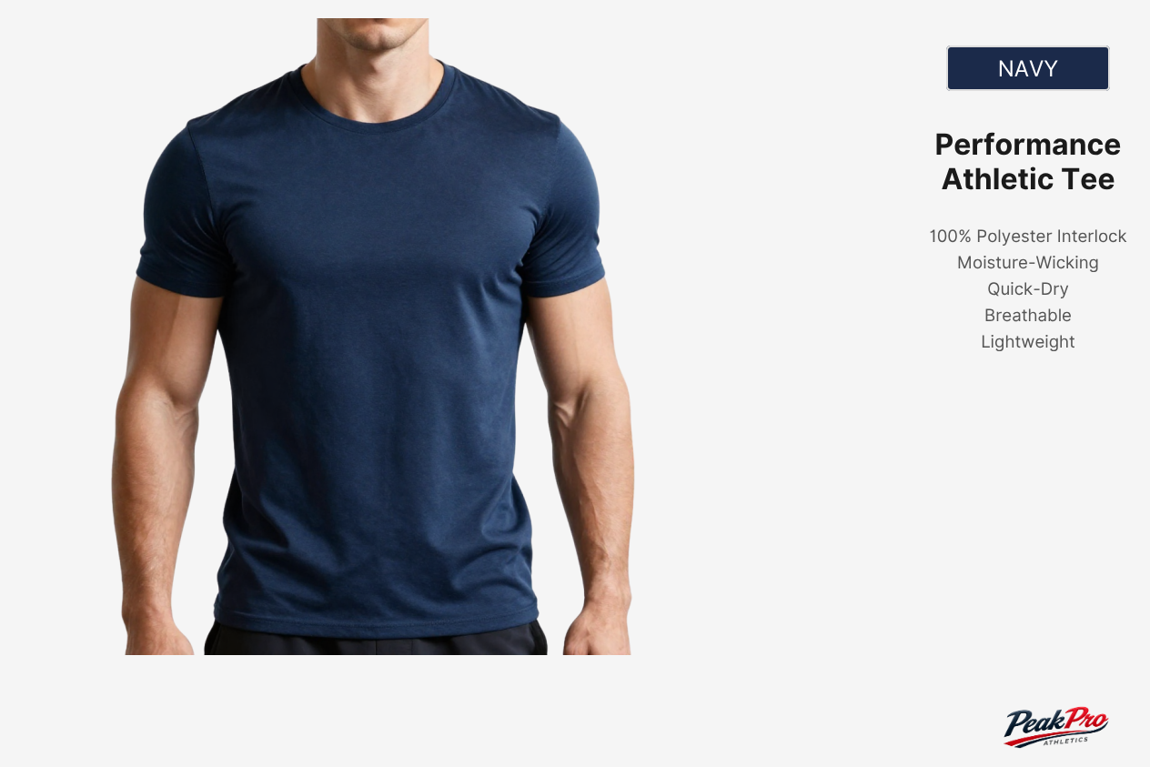 Peak Pro Athletics Men’s Performance Polyester T-Shirt
* Lightweight 100% Polyester Athletic Tee
* Quick Dry Performance Gym T-Shirt for Men
* Breathable Moisture-Wicking Polyester Shirt