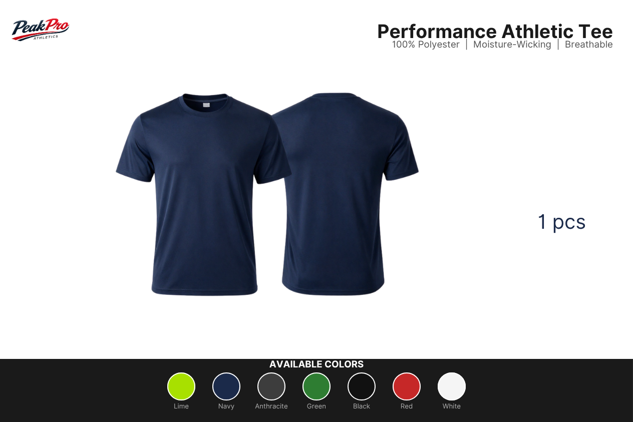 Peak Pro Athletics Men’s Performance Polyester T-Shirt
* Lightweight 100% Polyester Athletic Tee
* Quick Dry Performance Gym T-Shirt for Men
* Breathable Moisture-Wicking Polyester Shirt