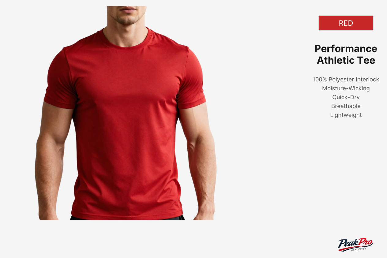 Peak Pro Athletics Men’s Performance Polyester T-Shirt
* Lightweight 100% Polyester Athletic Tee
* Quick Dry Performance Gym T-Shirt for Men
* Breathable Moisture-Wicking Polyester Shirt