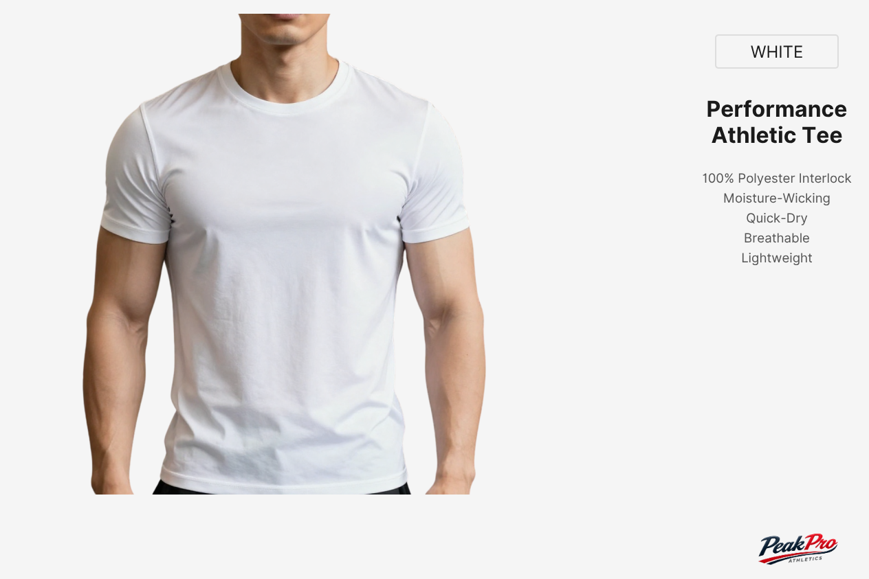 Peak Pro Athletics Men’s Performance Polyester T-Shirt
* Lightweight 100% Polyester Athletic Tee
* Quick Dry Performance Gym T-Shirt for Men
* Breathable Moisture-Wicking Polyester Shirt