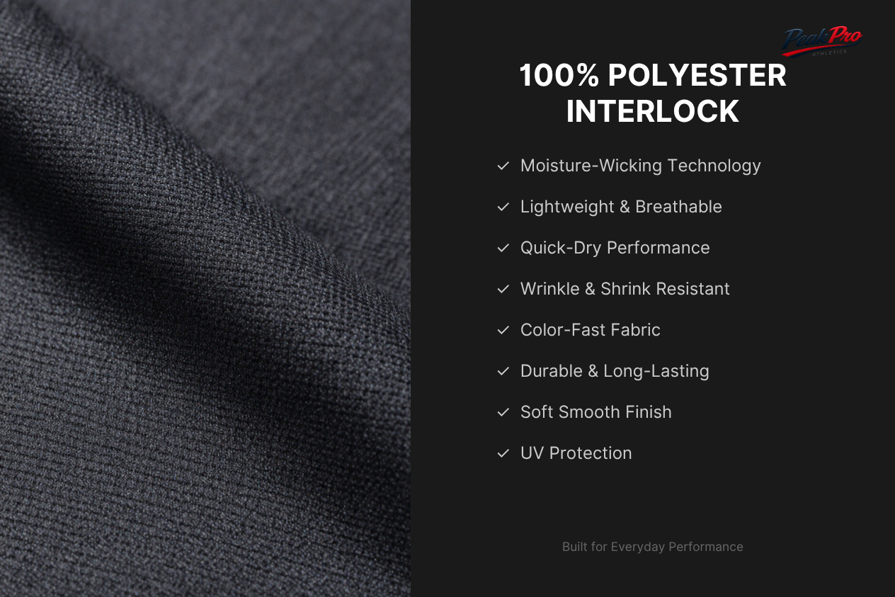 Peak Pro Athletics Men’s Performance Polyester T-Shirt
* Lightweight 100% Polyester Athletic Tee
* Quick Dry Performance Gym T-Shirt for Men
* Breathable Moisture-Wicking Polyester Shirt