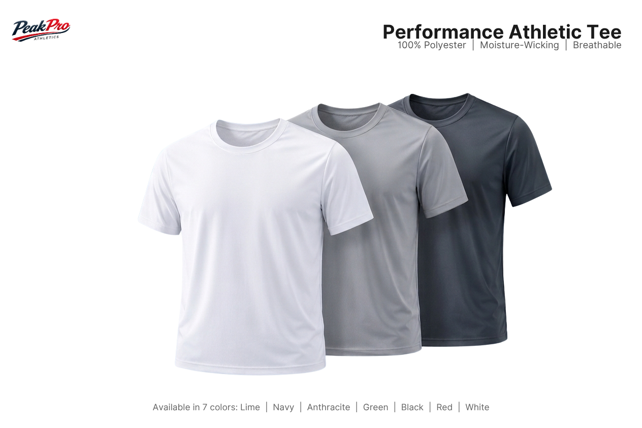 Peak Pro Athletics Men’s Performance Polyester T-Shirt
* Lightweight 100% Polyester Athletic Tee
* Quick Dry Performance Gym T-Shirt for Men
* Breathable Moisture-Wicking Polyester Shirt