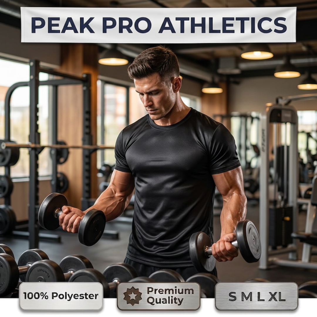 Peak Pro Athletics Men’s Performance Polyester T-Shirt
* Lightweight 100% Polyester Athletic Tee
* Quick Dry Performance Gym T-Shirt for Men
* Breathable Moisture-Wicking Polyester Shirt