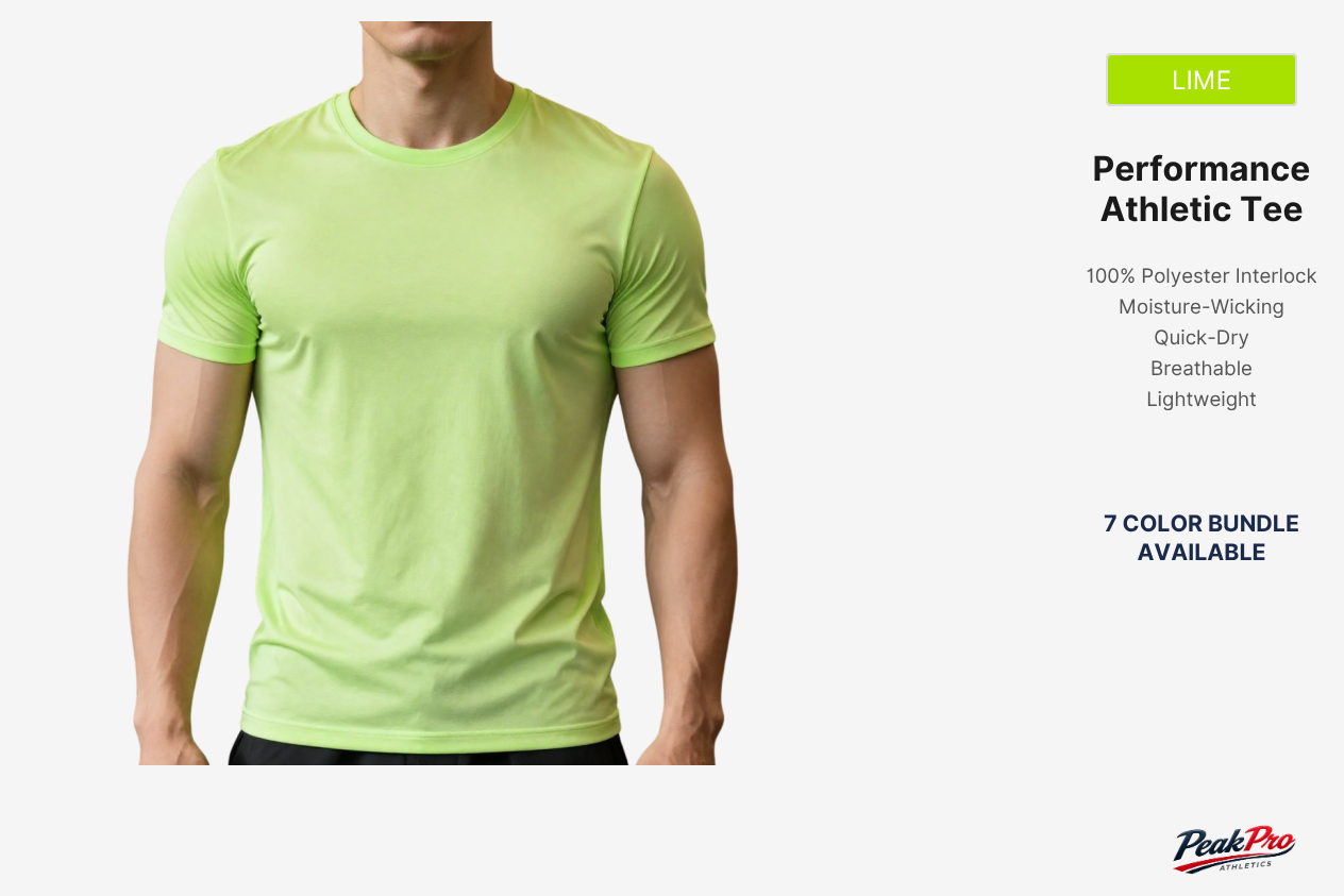 Peak Pro Athletics Men’s Performance Polyester T-Shirt
* Lightweight 100% Polyester Athletic Tee
* Quick Dry Performance Gym T-Shirt for Men
* Breathable Moisture-Wicking Polyester Shirt
